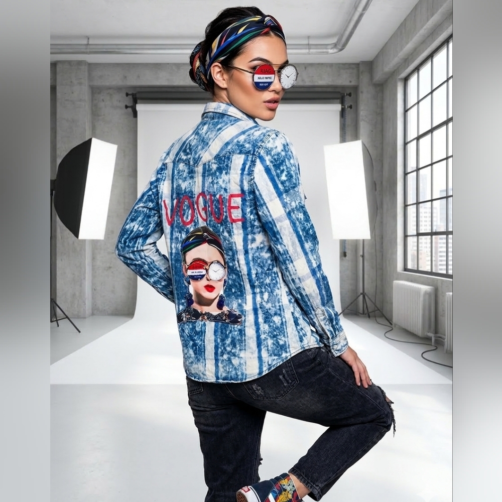 VOGUE Acid Wash Denim Button-Up with Graphic Back